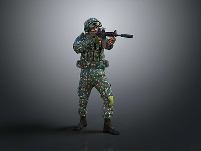 Camouflage Uniformed Military Soldier Aiming With Rifle In Tactical Stance 3d model