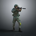 Camouflage Uniformed Military Soldier Aiming With Rifle In Tactical Stance