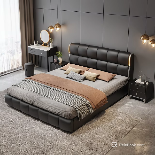 Modern Bedroom Design Featuring Black Leather Headboard Bed Pillows Dresser Mirror And Nightstand 3d model 