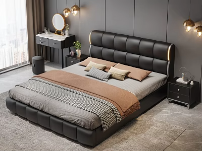 Modern Bedroom Design Featuring Black Leather Headboard Bed Pillows Dresser Mirror And Nightstand 3d model