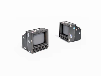 Two Vintage Black Televisions With Decorative Stickers On White Background 3d model
