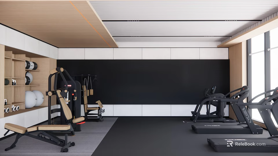 Modern Fitness Room Interior With Treadmill Strength Training Equipment And Wooden Accents 3d model 