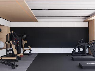 Modern Fitness Room Interior With Treadmill Strength Training Equipment And Wooden Accents 3d model