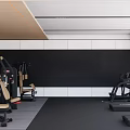 Modern Fitness Room Interior With Treadmill Strength Training Equipment And Wooden Accents
