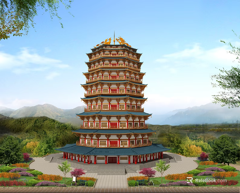 Traditional Chinese Multi tiered Tower With Red Gold Decor Surrounded By Mountains And Gardens 3d model 