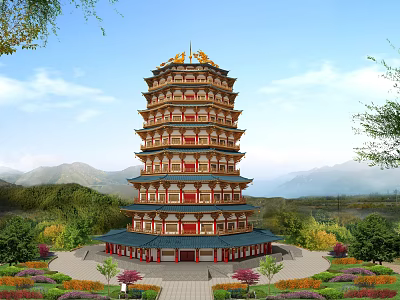 Traditional Chinese Multi tiered Tower With Red Gold Decor Surrounded By Mountains And Gardens 3d model