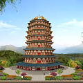 Traditional Chinese Multi tiered Tower With Red Gold Decor Surrounded By Mountains And Gardens