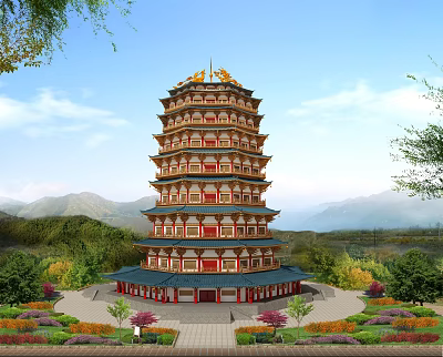 Traditional Chinese Multi tiered Tower With Red Gold Decor Surrounded By Mountains And Gardens 3d model