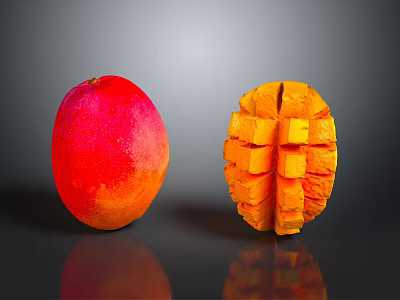 Vibrant Fresh Mango Whole Fruit and Cubed Slices on Dark Background 3d model