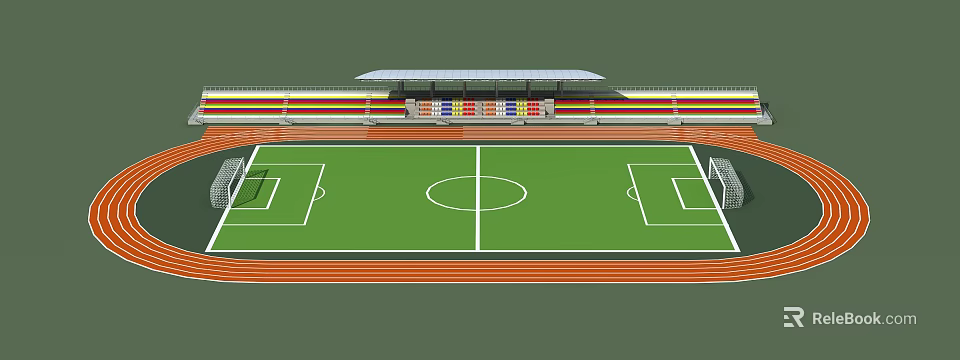 Football Field With Green Grass White Lines Surrounding Track And Colorful Stand Seats 3d model 