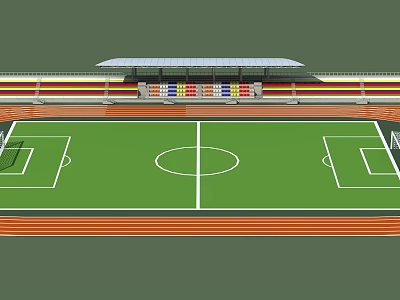 Football Field With Green Grass White Lines Surrounding Track And Colorful Stand Seats 3d model