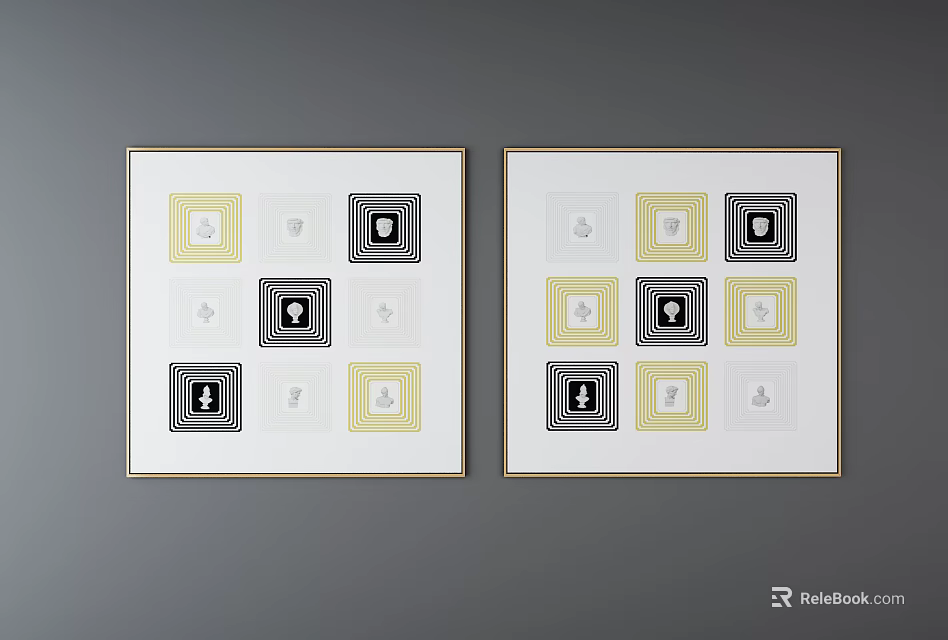 Two Framed Wall Artworks With Square Patterns In Yellow Black White Colors 3d model 
