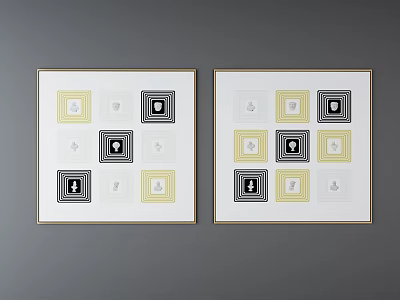 Two Framed Wall Artworks With Square Patterns In Yellow Black White Colors 3d model