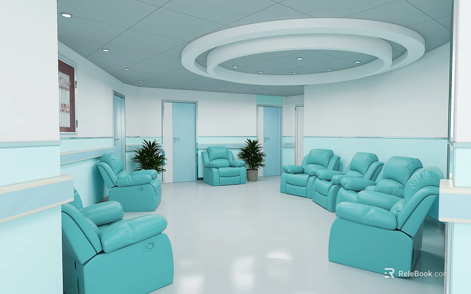 Medical Waiting Room Interior With Blue Reclining Sofas Plants And White Ceiling 3d model 