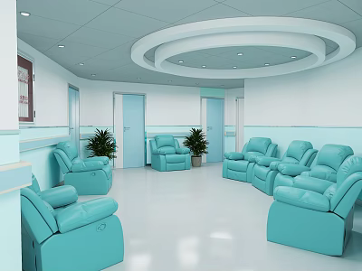 Medical Waiting Room Interior With Blue Reclining Sofas Plants And White Ceiling 3d model