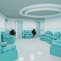 Medical Waiting Room Interior With Blue Reclining Sofas Plants And White Ceiling