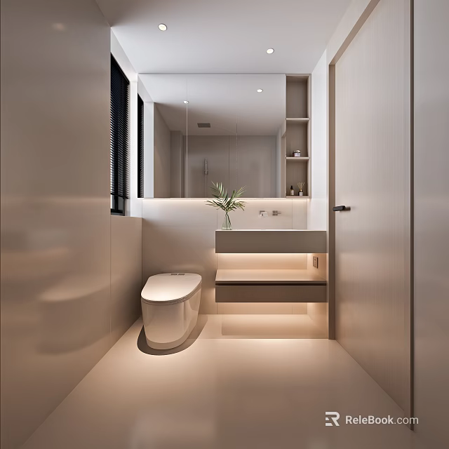 Modern White Bathroom Interior With Wall Mounted Toilet Vanity Mirror And Decorative Plant 3d model 
