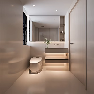 Modern White Bathroom Interior With Wall Mounted Toilet Vanity Mirror And Decorative Plant 3d model