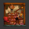 Vintage Miniature Study Nook With Wooden Bookshelf Red Armchair Open Book And Globe
