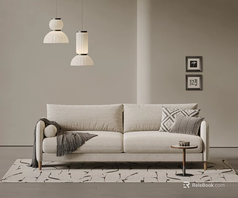 Beige Two Seater Sofa With Throw Pillows Side Table Rug Wall Art And Pendant Lights 3d model 