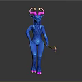 Game Movie Character With Blue Body Pink Horns Long Hair Hooves And Holding Staff
