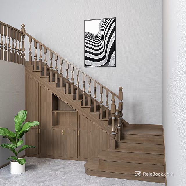Wooden Staircase With Balustrade Cabinet Shelf Under And Black White Striped Painting Green Plant 3d model 