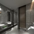 Modern Hotel Bathroom With Double Sinks Marble Countertops And Geometric Patterned Walls