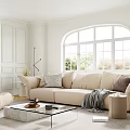 Modern Living Room With White Walls Large Arched Window Beige Sofa And Glass Coffee Table