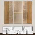 Modern Abstract Paintings in Brown Beige Tones Hanging on Wall with White Decorative Shelf