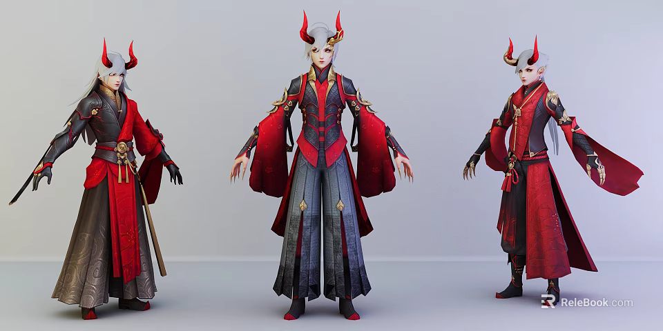 Three Stylish Game And Movie Characters With Horns In Red And Dark Costumes 3d model 