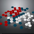 Colorful Hexagons in Red Blue White Scattered on Black Background Surface