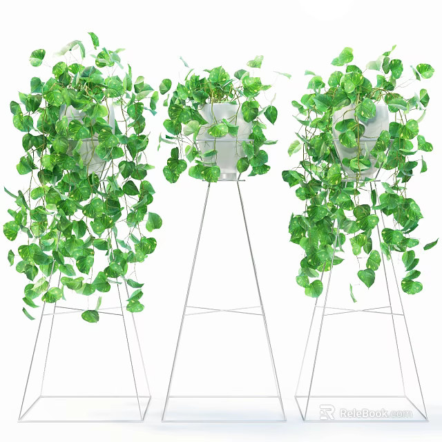 Lush Green Potted Plants With Hanging Vines On Metal Tripod Stands 3d model 