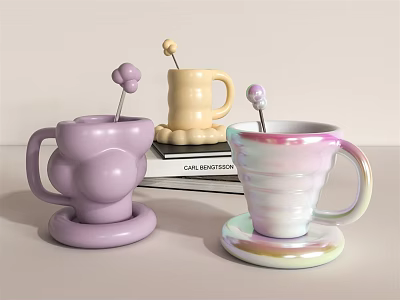 Vibrant Cups In Purple Yellow And Rainbow Gradient With Flower Shaped Stirrers On Light Surface 3d model