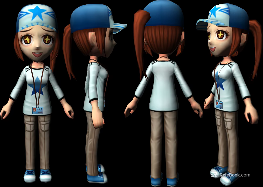Cartoon Game Movie Character Multiple Angles Brown Ponytail Blue Star Cap White Top ID Badge 3d model 