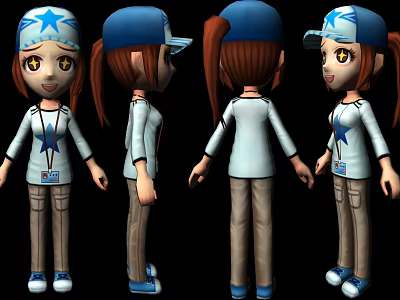 Cartoon Game Movie Character Multiple Angles Brown Ponytail Blue Star Cap White Top ID Badge 3d model