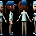 Cartoon Game Movie Character Multiple Angles Brown Ponytail Blue Star Cap White Top ID Badge