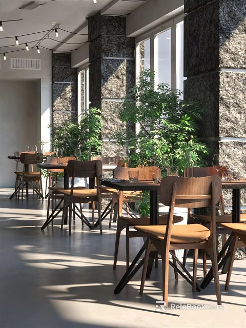Charming Restaurant Seating Area With Wooden Tables Chairs Green Plants And Stone Walls 3d model 
