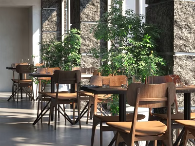 Charming Restaurant Seating Area With Wooden Tables Chairs Green Plants And Stone Walls 3d model