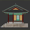 Traditional Architectural Building with Black Tile Roof Green Eaves Red Columns Stone Platform and Steps