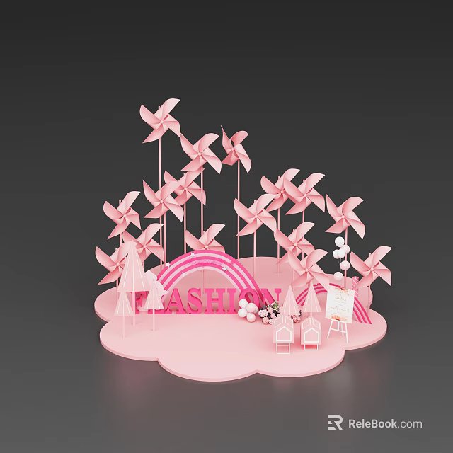 Pink Fashion Themed Decorative Setup With Pinwheels Rainbow Small Chairs And Drawing Board 3d model 