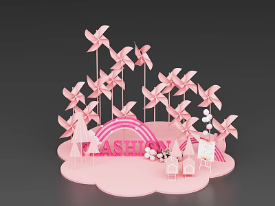 Pink Fashion Themed Decorative Setup With Pinwheels Rainbow Small Chairs And Drawing Board 3d model