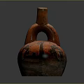Red Pottery Sculpture With Intricate Carved Black Patterns And Traditional Handle Design