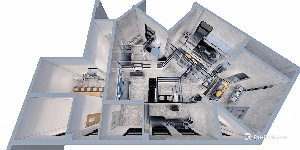 Commercial Restaurant Kitchen Interior Layout With Functional Zones Workstations And Storage 3d model 