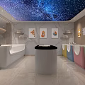 Kids Bathroom Interior With Starry Sky Ceiling Colorful Sinks Bathtub And Cartoon Decorations