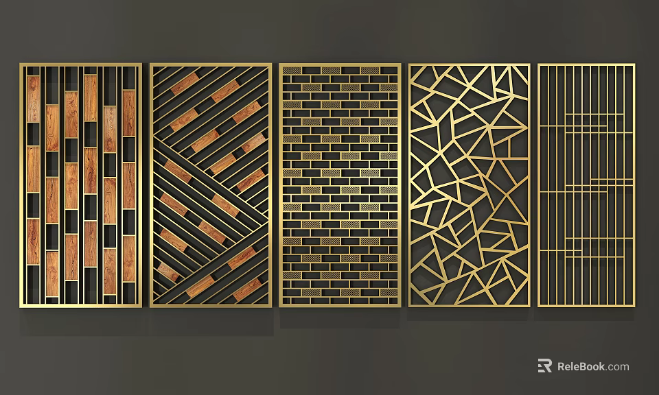 Modern Room Dividers With Geometric Patterns And Golden Frame Designs 3d model