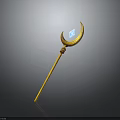Golden Magic Staff Weapon With Crescent Shaped Top And Blue Gemstone