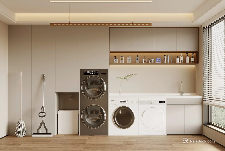 Modern Laundry Room Interior With Washing Machine Dryer Cabinets Cleaning Tools And Wooden Floor 3d model 