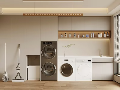 Modern Laundry Room Interior With Washing Machine Dryer Cabinets Cleaning Tools And Wooden Floor 3d model
