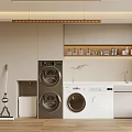 Modern Laundry Room Interior With Washing Machine Dryer Cabinets Cleaning Tools And Wooden Floor