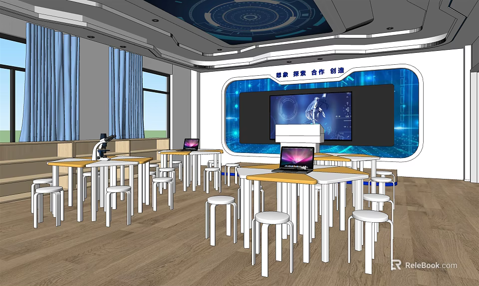 School Smart Classroom With Digital Screen Blue Decor And Student Laptops 3d model 